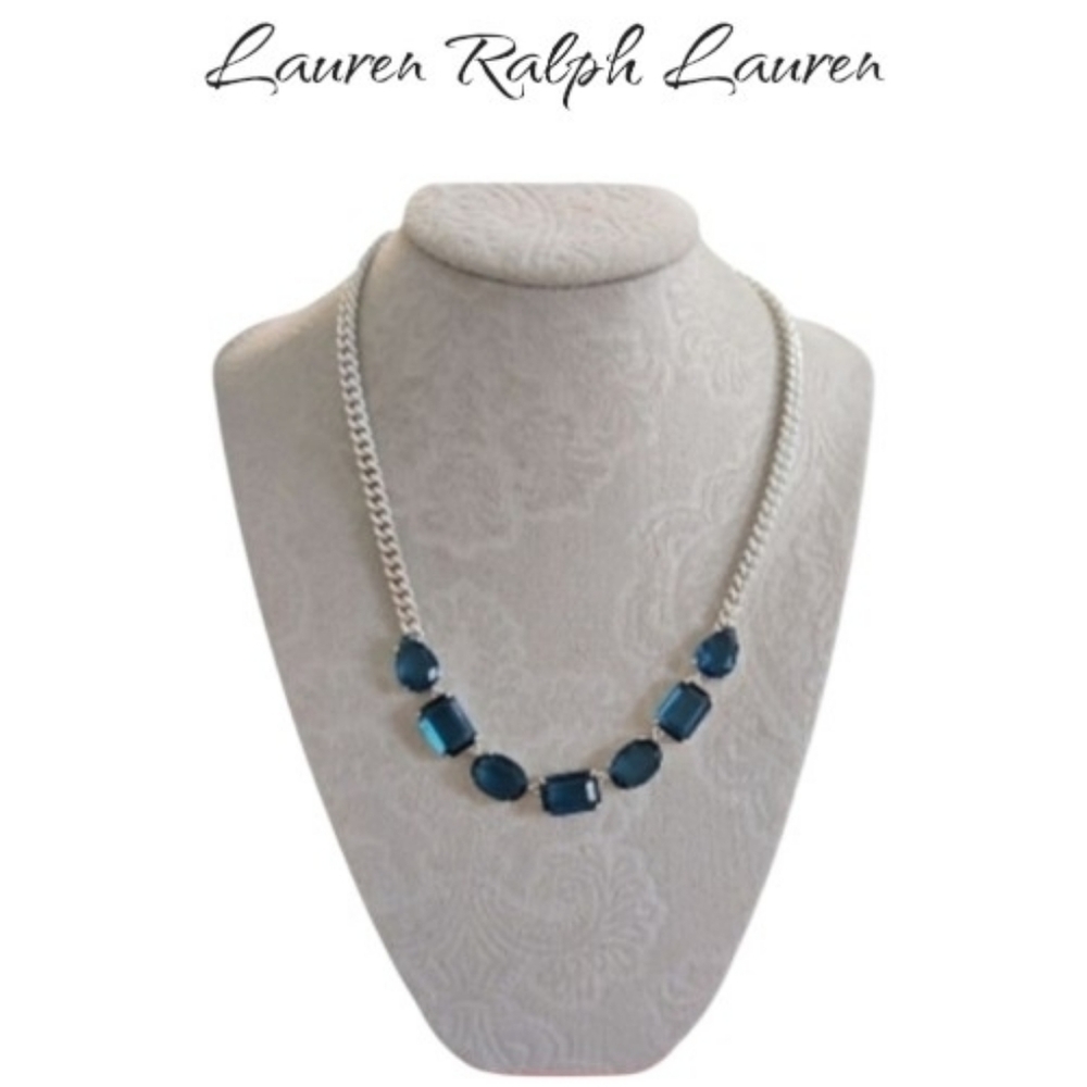Lauren Ralph Lauren Silver Tone 16" Blue Stone Frontal Necklace
